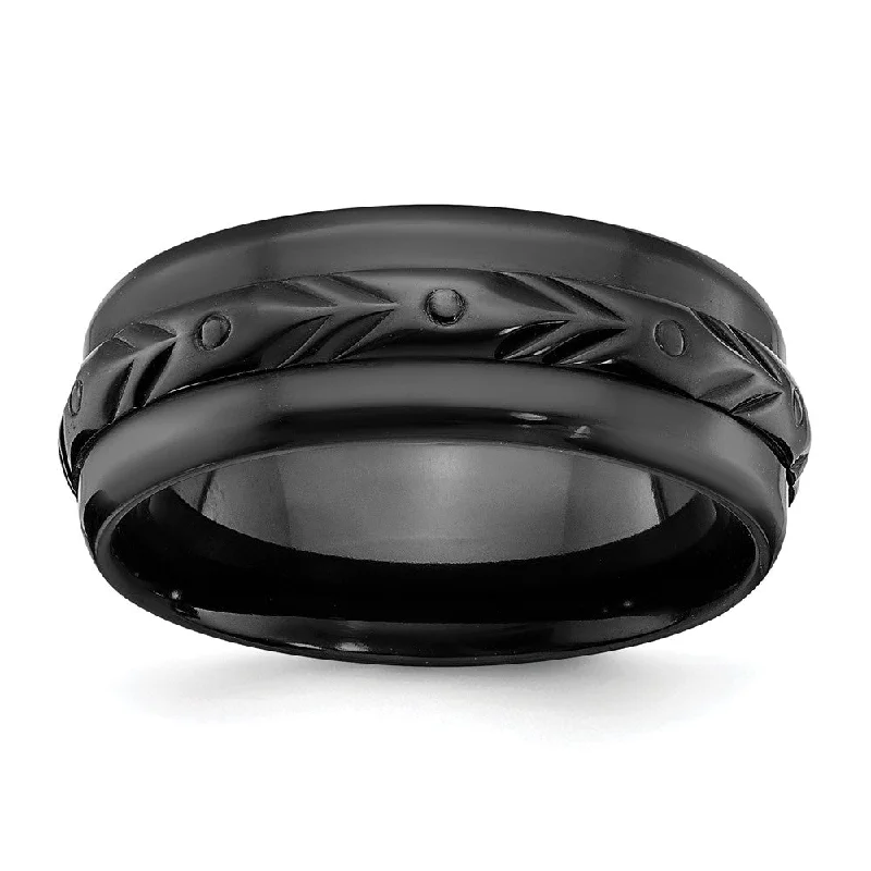 Ladies rings stylish trends-8mm Black Zirconium Polished Carved Standard Fit Band