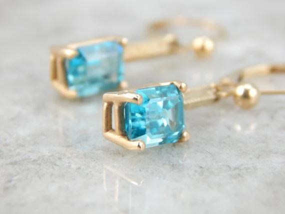 Ladies earrings personalized-Blue Zircon Handmade Gold Drop Earrings