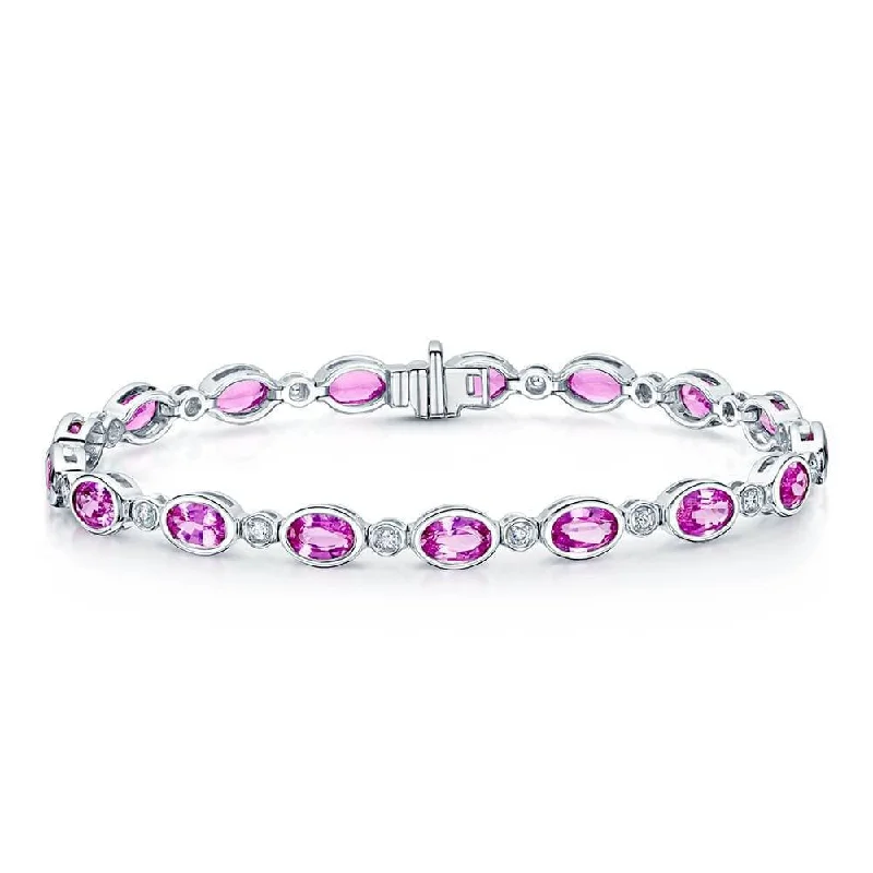 Ladies bracelets punk edge-18ct White Gold Oval Pink Sapphire & Diamond Rubover Set Tennis Bracelet