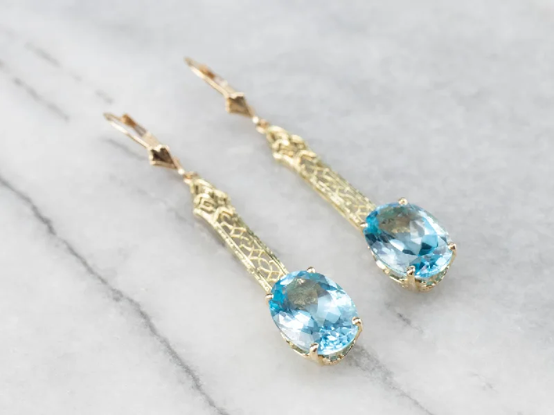 Ladies earrings diamond accents-Blue Topaz Gold Filigree Bar Drop Earrings