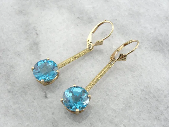 Ladies earrings global brands-Gorgeous Blue Topaz Earrings, Antique Art Deco Drops, Pierced