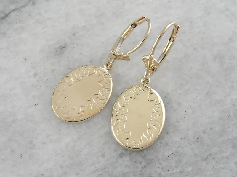 Ladies earrings e-commerce finds-Yellow Gold Drop Earrings with Simple, Engraved Border