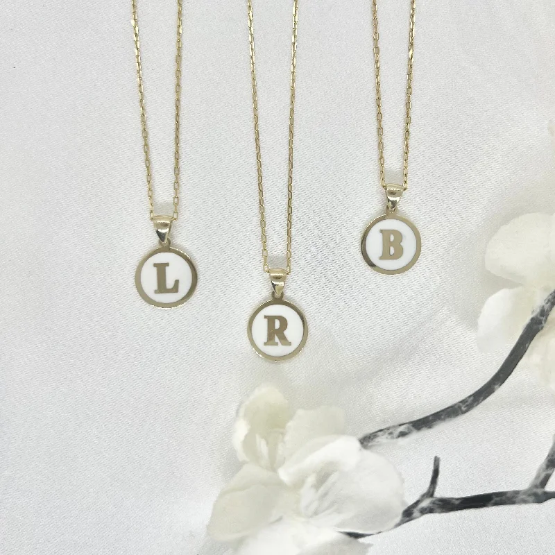 Ladies necklaces unique pieces-10k Gold White Enamel Letter Disk Necklace