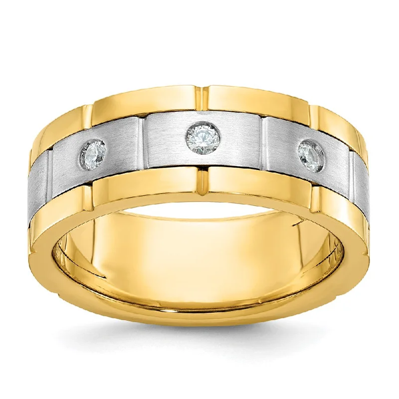 Ladies rings lightweight feel-Mens 8.4mm 14K Two Tone Gold 3-Stone 1/6 Ctw Diamond Standard Fit Band