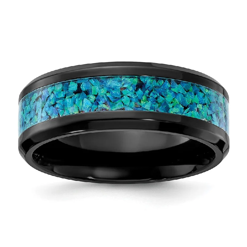 Ladies rings handmade pieces-8mm Black Zirconium Blue Imitation Opal Inlay Standard Fit Band