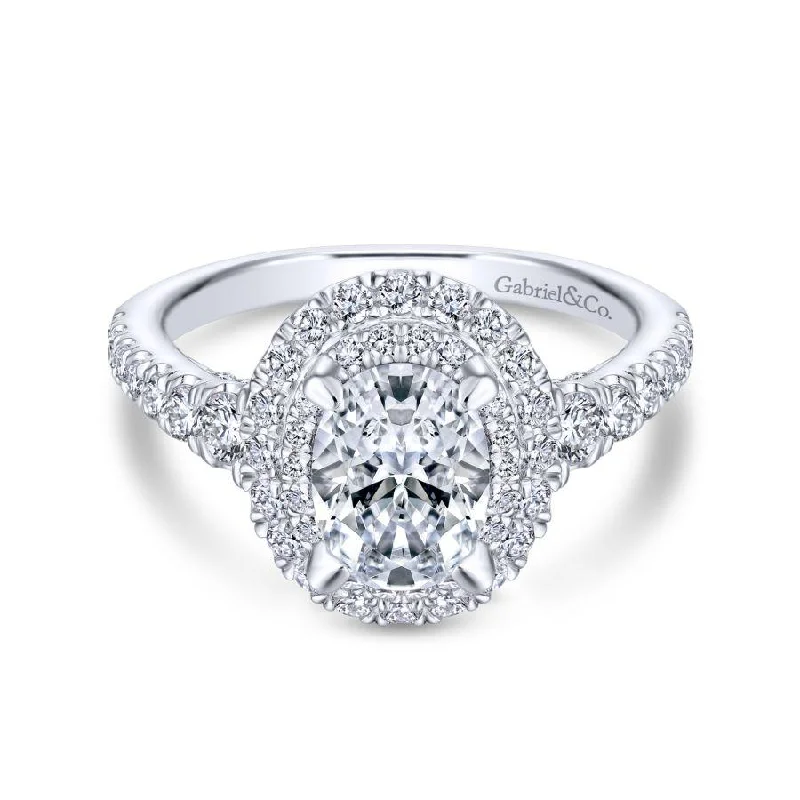 Ladies wedding rings designer pieces-14K White Gold Double Oval Halo Diamond Engagement Ring