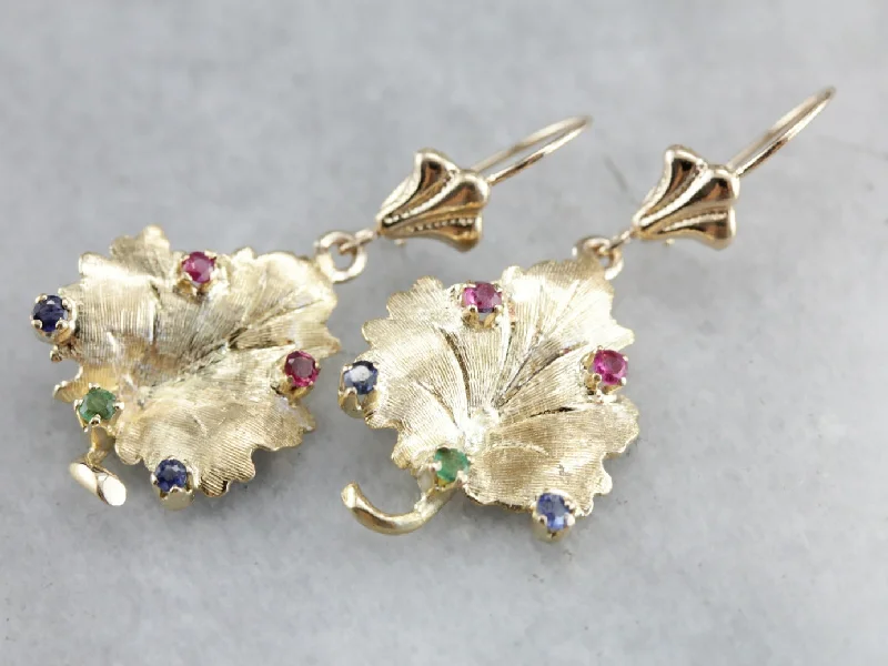 Ladies earrings light luxury-Sapphire and Ruby Leaf Gold Drop Earrings