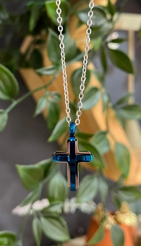 Ladies necklaces natural stones-Unique & Co Stainless Steel Cross Blue IP Pendant Necklace