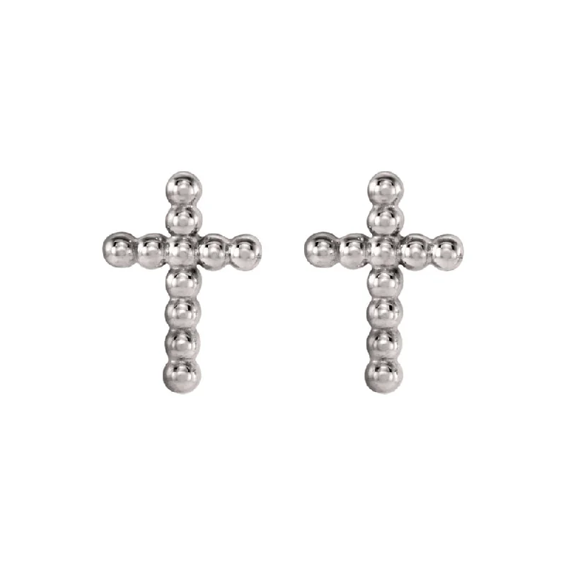 Ladies earrings ruby accents-9mm Beaded Cross Post Earrings in 14k White Gold