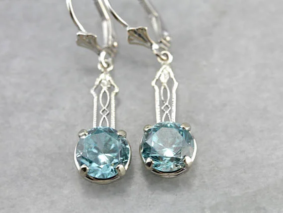 Ladies earrings vintage appeal-Art Deco Blue Zircon Filigree White Gold Drop Earrings