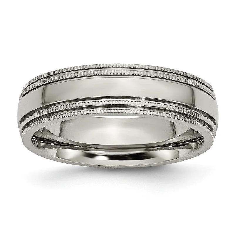 Ladies rings luxurious designs-6mm Titanium Polished Double Milgrain Standard Fit Band