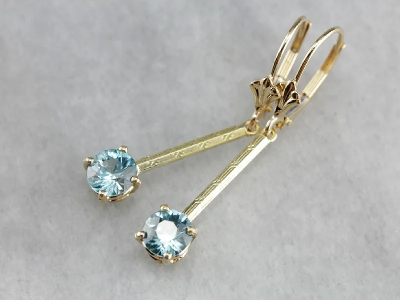 Ladies earrings girlfriend treats-Blue Zircon Gold Bar Drop Earrings