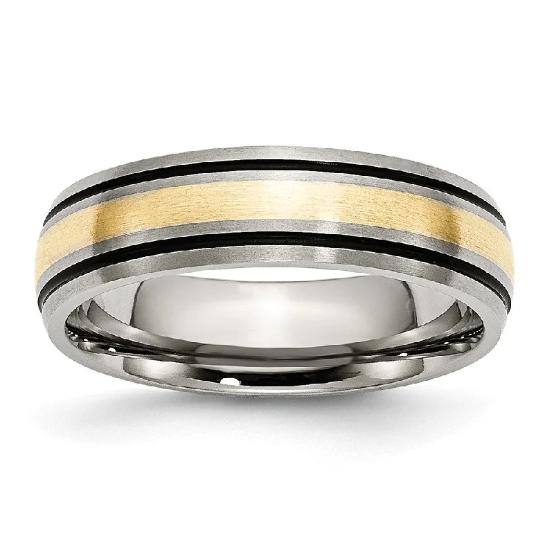 Ladies rings sister sets-6mm Titanium & 14K Gold Inlay Antiqued/Brushed Grooved Band