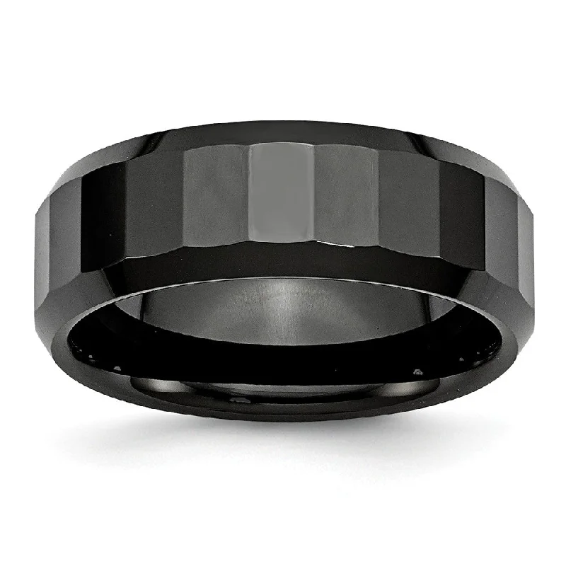 Ladies rings titanium options-Black Ceramic, 8mm Faceted Unisex Comfort Fit Band