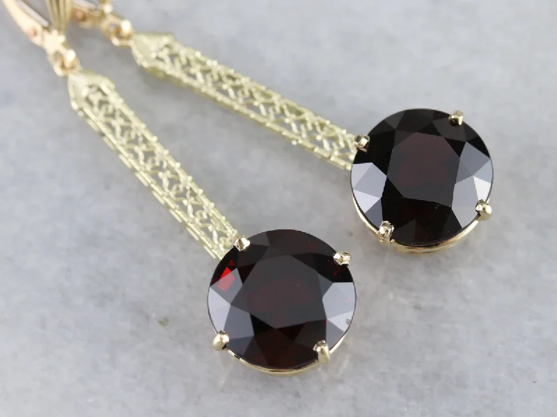 Ladies earrings titanium options-Bold Garnet Filigree Drop Earrings