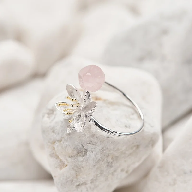 Ladies rings modern appeal-Rose Quartz Lotus Handmade Crystal Ring