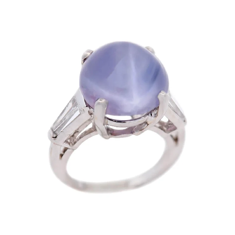 Ladies wedding rings boho vibes-Retro Platinum GIA No Heat Purple Star Sapphire Engagement Ring 14.08ct.