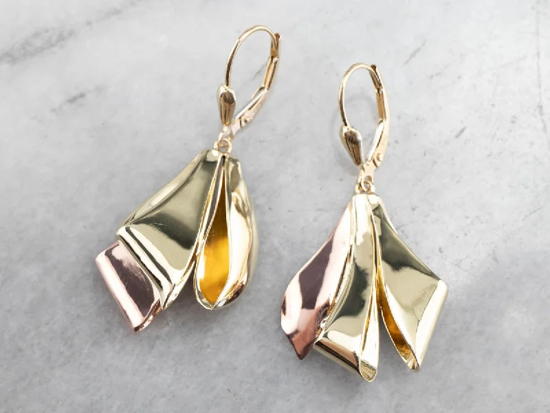 Ladies earrings anniversary specials-Two Tone Gold Ribbon Drop Earrings