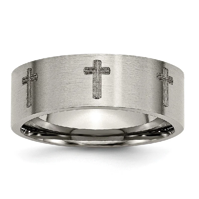 Ladies rings modern appeal-8mm Titanium Brushed & Lasered Cross Flat Standard Fit Band