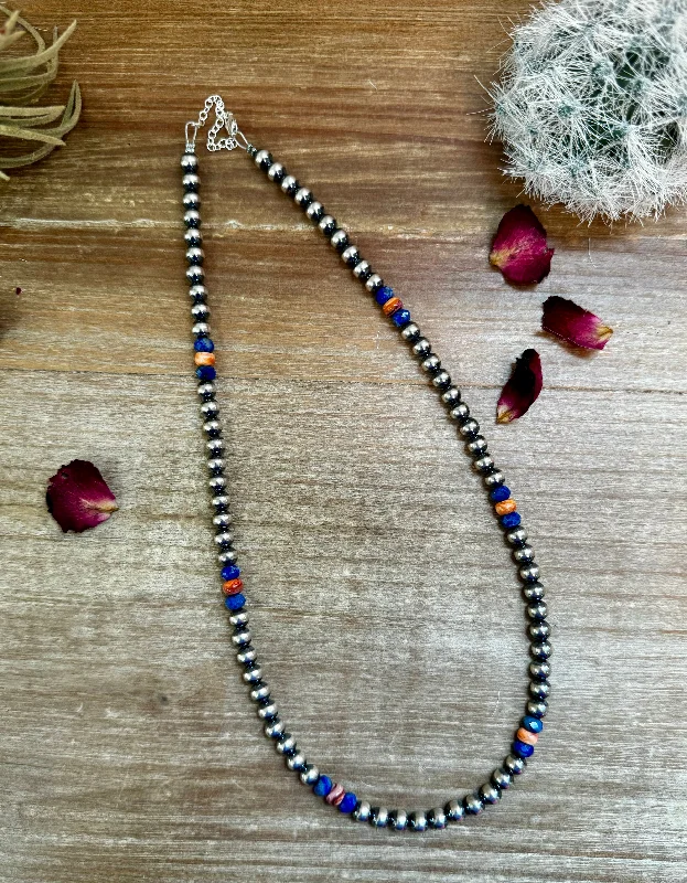 Ladies necklaces social trends-18 inch 6 mm Sterling Silver Pearls necklace lapis and spiny