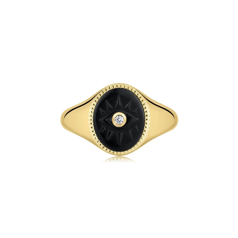 Ladies rings gold-plated-Gold Vermeil Black Turquoise Evil Eye Signet Ring