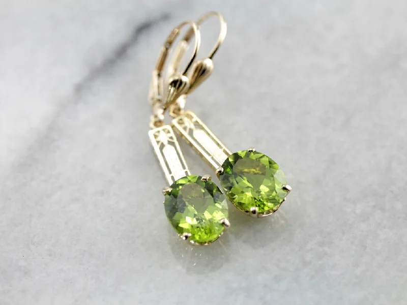 Ladies earrings e-commerce finds-Peridot Drop Earrings with One of a Kind Floral Bar Details