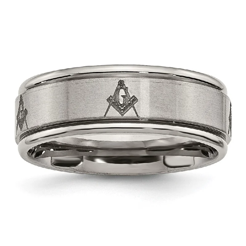 Ladies rings party wear-8mm Titanium Laser Etched Masonic Grooved Edge Standard Fit Band