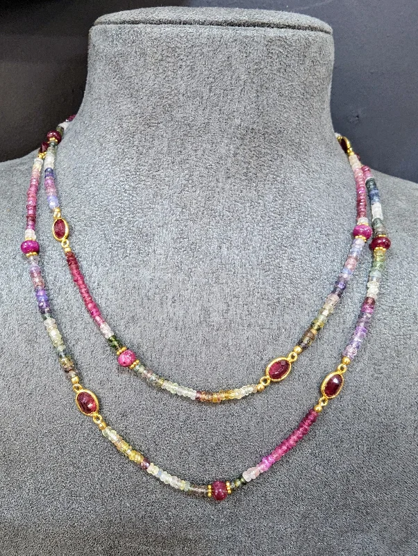 Ladies necklaces mature styles-92cm 18ct Gold Vermeil Sapphire and Ruby Long Necklace