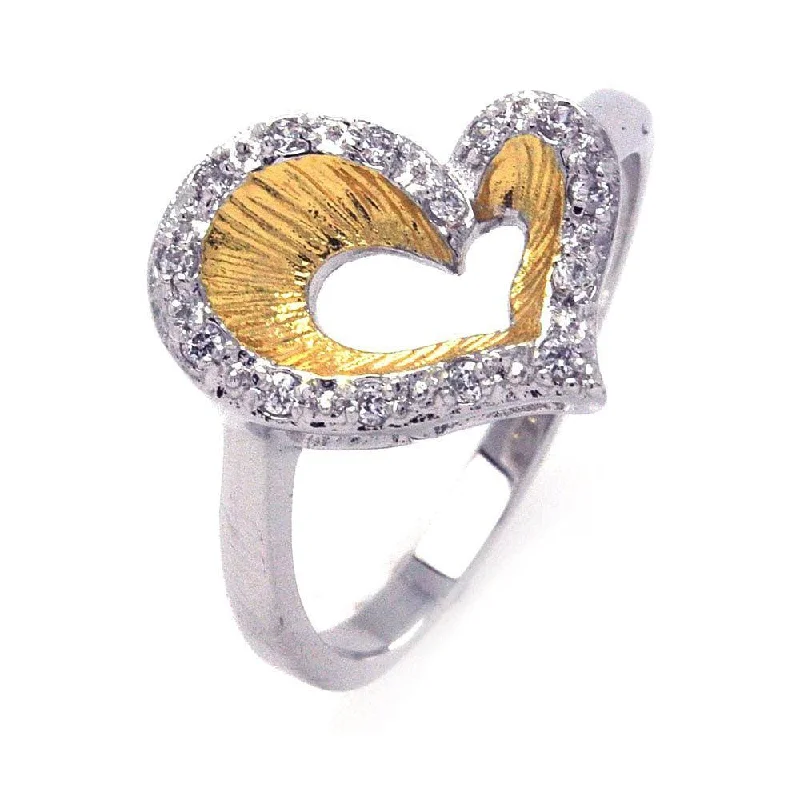 Ladies rings gift ideas-Silver 925 Rhodium and Gold Plated 2 Toned Clear CZ Open Heart Ring - BGR00234