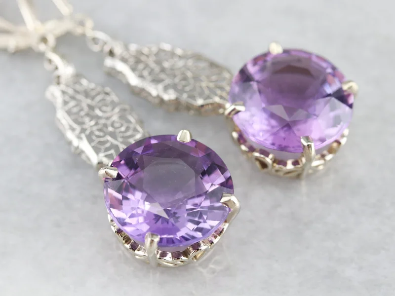 Ladies earrings party glamour-Amethyst Filigree Drop Earrings in Lacey White Gold