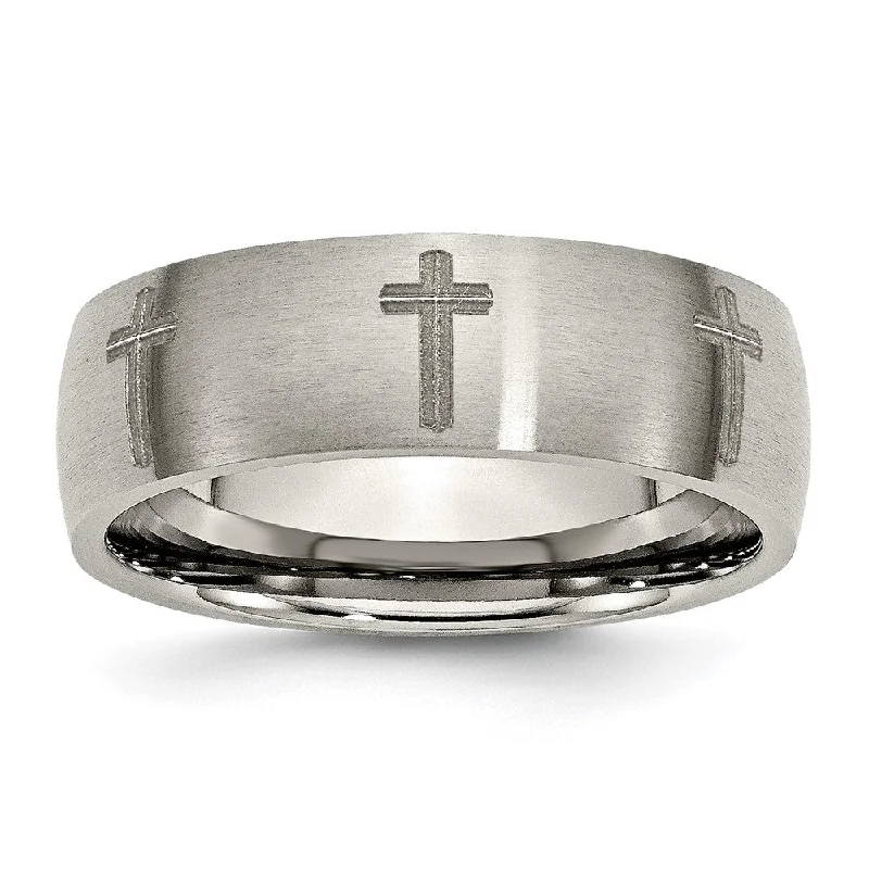 Ladies rings stacking trends-8mm Titanium Etched & Brushed Cross Domed Standard Fit Band