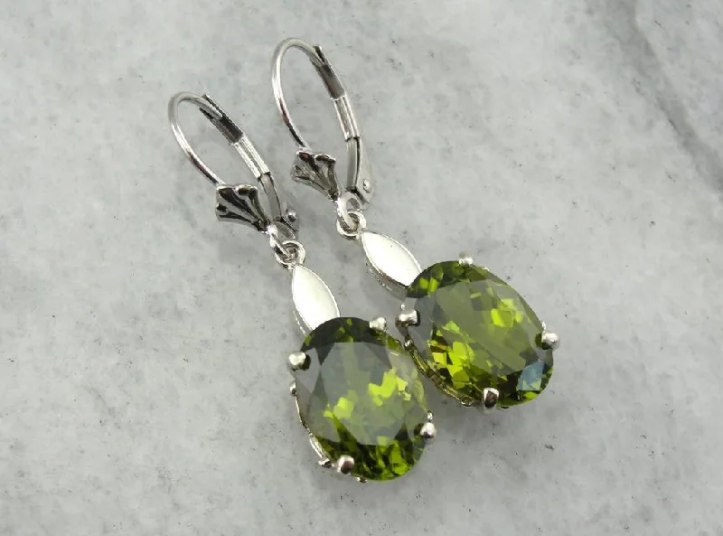 Ladies earrings engagement gifts-Most Olive: Deep Green Peridot Drop Earrings