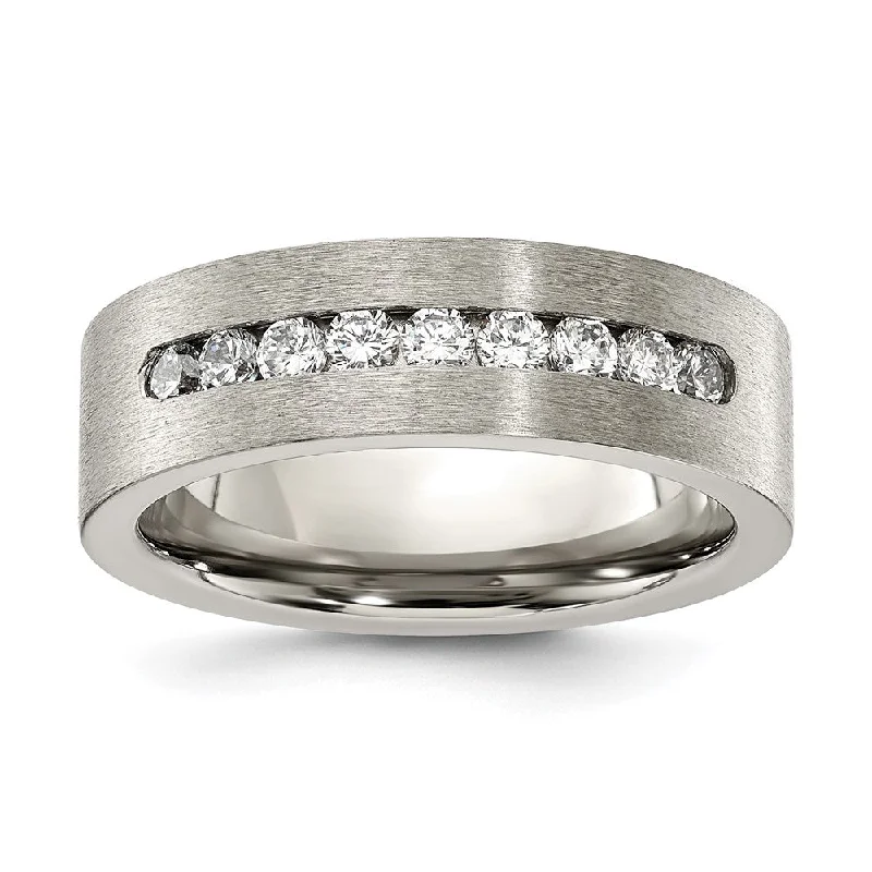 Ladies rings punk flair-7mm Titanium & CZ Brushed Flat Standard Fit Band