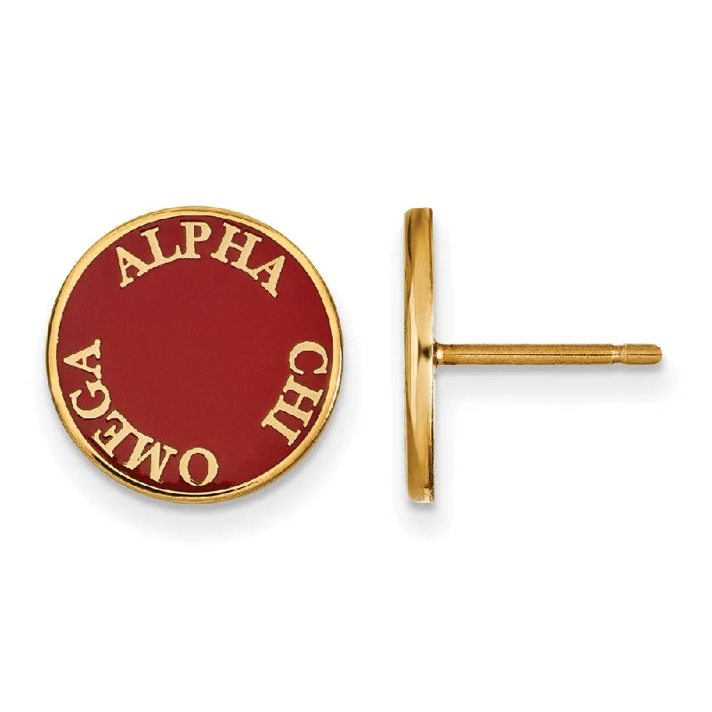 Ladies earrings ethnic patterns-14K Plated Silver Alpha Chi Omega Enamel Disc Post Earrings