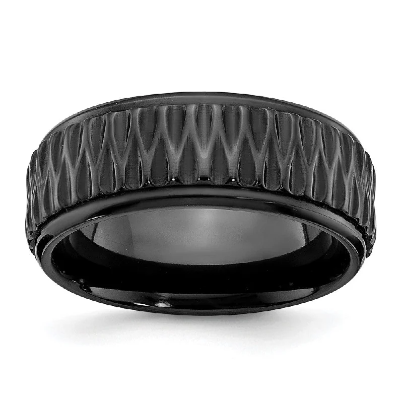 Ladies rings luxury labels-8mm Black Zirconium Grooved & Ridged Edge Standard Fit Band