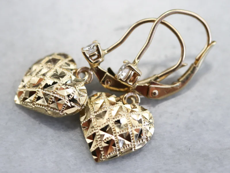 Ladies earrings anniversary specials-Gold Diamond Heart Drop Earrings