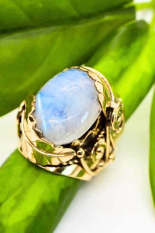 Ladies rings best brands-Large Moonstone Ring w/ Leaf Setting