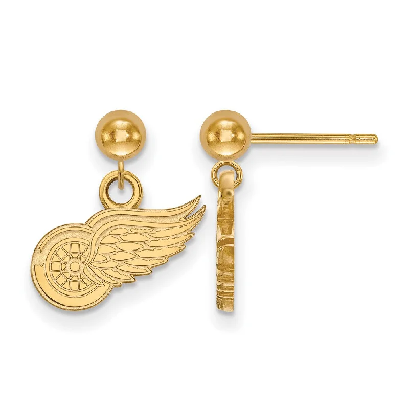 Ladies earrings anniversary specials-SS 14k Yellow Gold Plated NHL Detroit Red Wings Ball Dangle Earrings