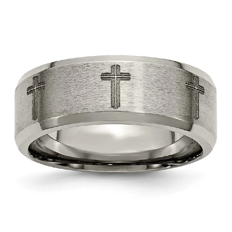 Ladies rings sentimental value-8mm Titanium Laser Etched Cross Beveled Edge Standard Fit Band