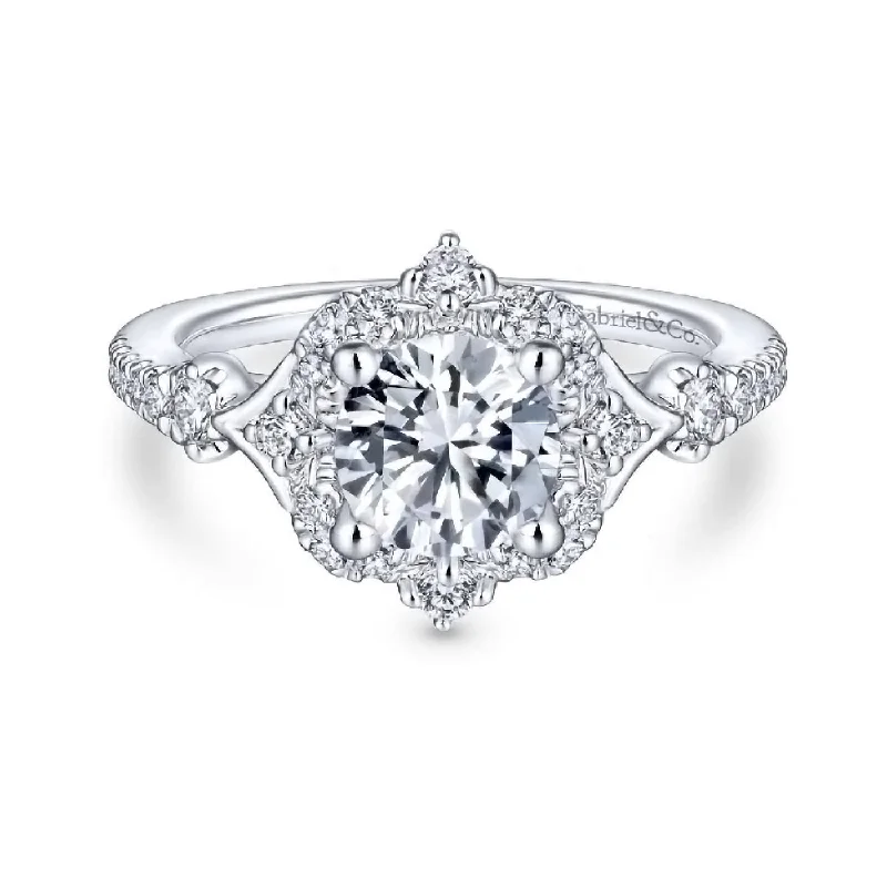 Ladies wedding rings floral patterns-14K White Gold Diamond Four Point Diamond Halo Semi Mount Engagement Ring