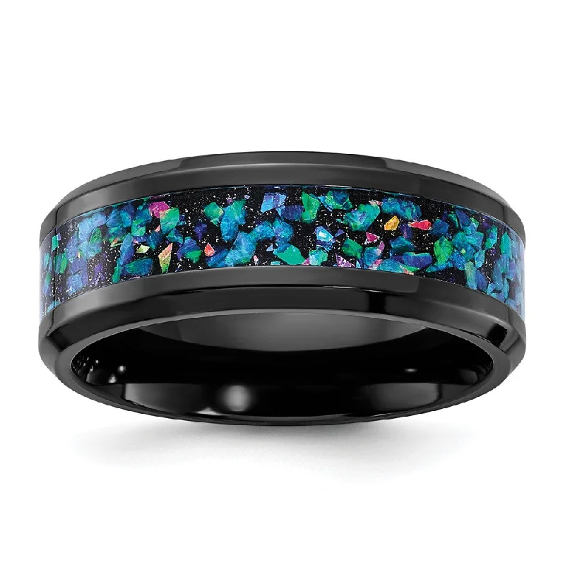 Ladies rings sale events-8mm Black Zirconium Multi-Color Imitation Opal Inlay Standard Fit Band