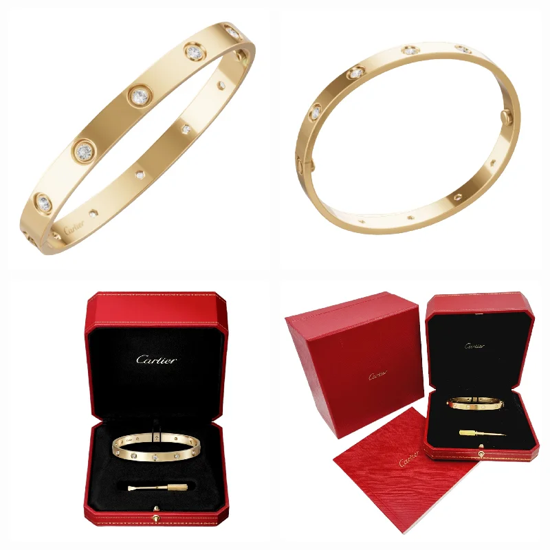 Ladies bracelets gold-plated-Ladies Cartier Love Bracelet with 10 Diamonds in 18K Yellow Gold - Includes Screwdriver, Cartier Box, and Cartier Paper. (Size 19 | CRB6040519)