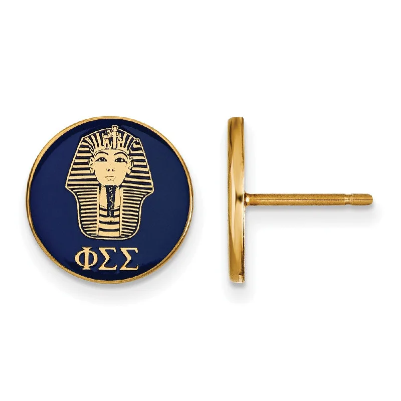 Ladies earrings unique pieces-14K Plated Silver Phi Sigma Sigma Blue Enamel Sphinx Post Earrings