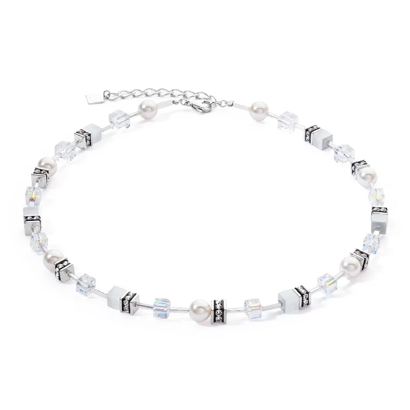 Ladies necklaces vintage appeal-Coeur De Lion GeoCUBE® Iconic Pearl Mix Silver-White Necklace