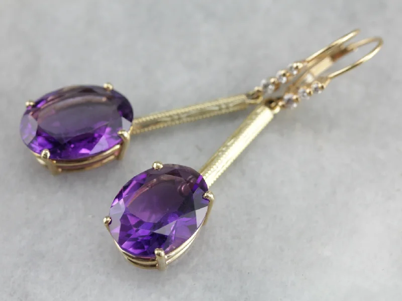 Ladies earrings designer labels-Large Amethyst and Daimond Drop Earrings