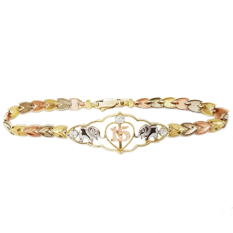 Ladies bracelets modern designs-Cubic Zirconia (CZ) 15 Birthday / Quiceañera Tri-Color Gold Bracelet (14K)