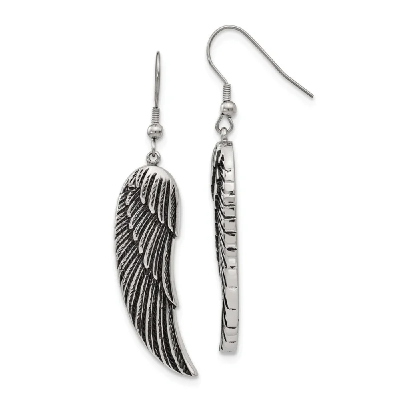 Ladies earrings sterling silver-Large Antiqued Textured Wing Dangle Earrings in Stainless Steel