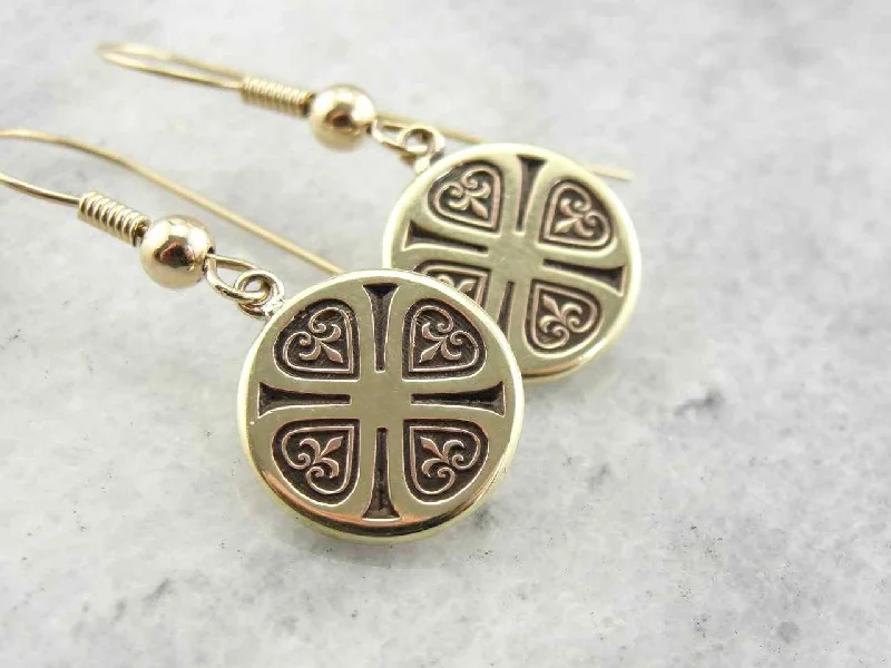 Ladies earrings intricate patterns-Vintage Fleur De Lis Drop Earrings in Yellow Gold