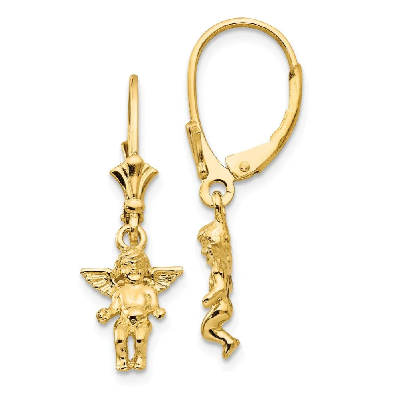 Ladies earrings vintage appeal-3D Mini Guardian Angel Lever Back Earrings in 14k Yellow Gold