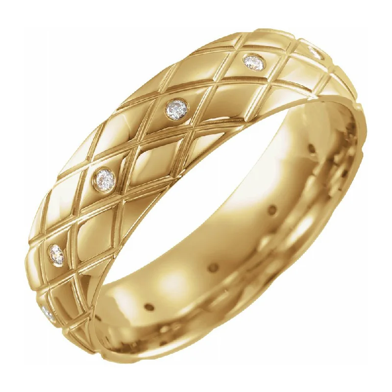 Ladies rings stacking trends-6mm 14K Yellow Gold & Diamond Patterned Comfort Fit Band